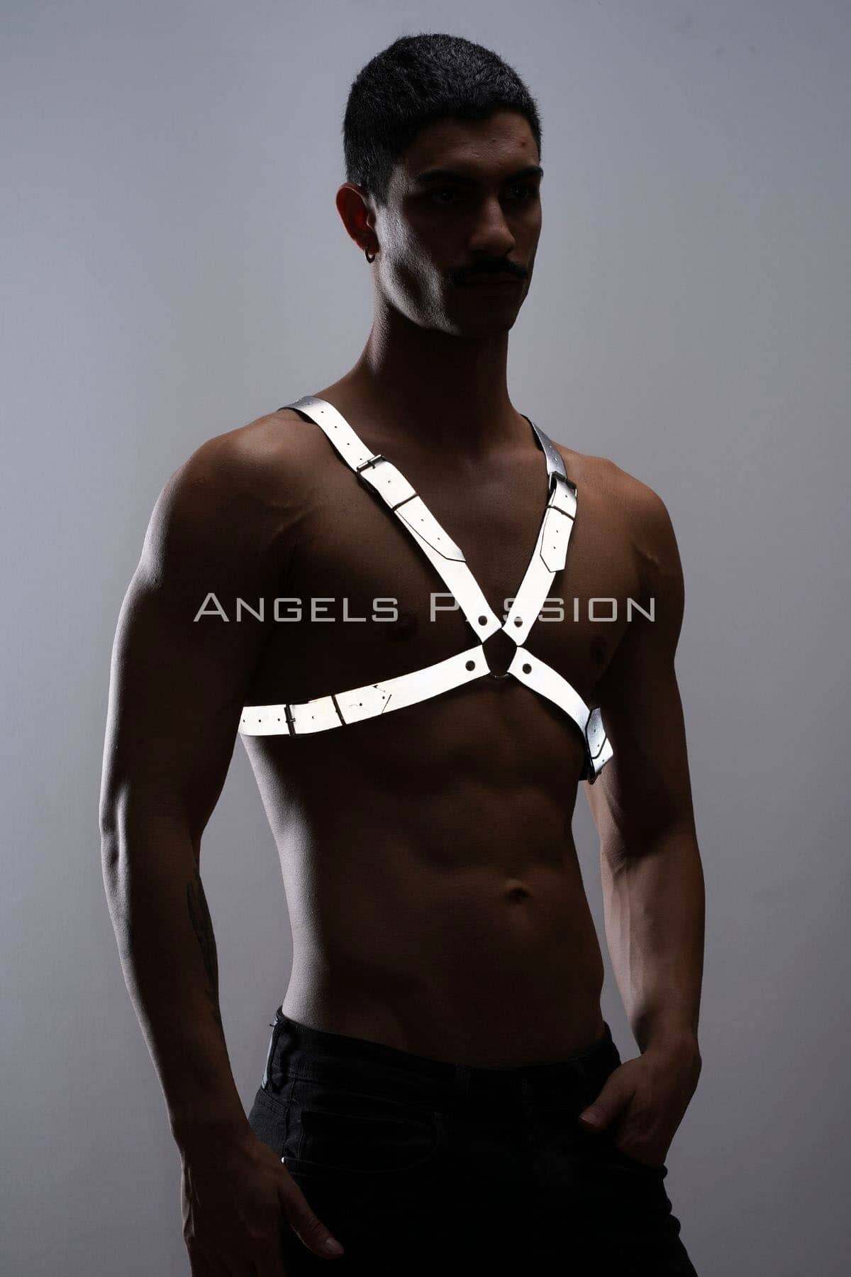 CLZ41 Reflektörlü (Karanlıkta Yansıyan) Erkek Göğüs Harness, Erkek Parti Giyim - Ürün Rengi:Beyaz Reflektör