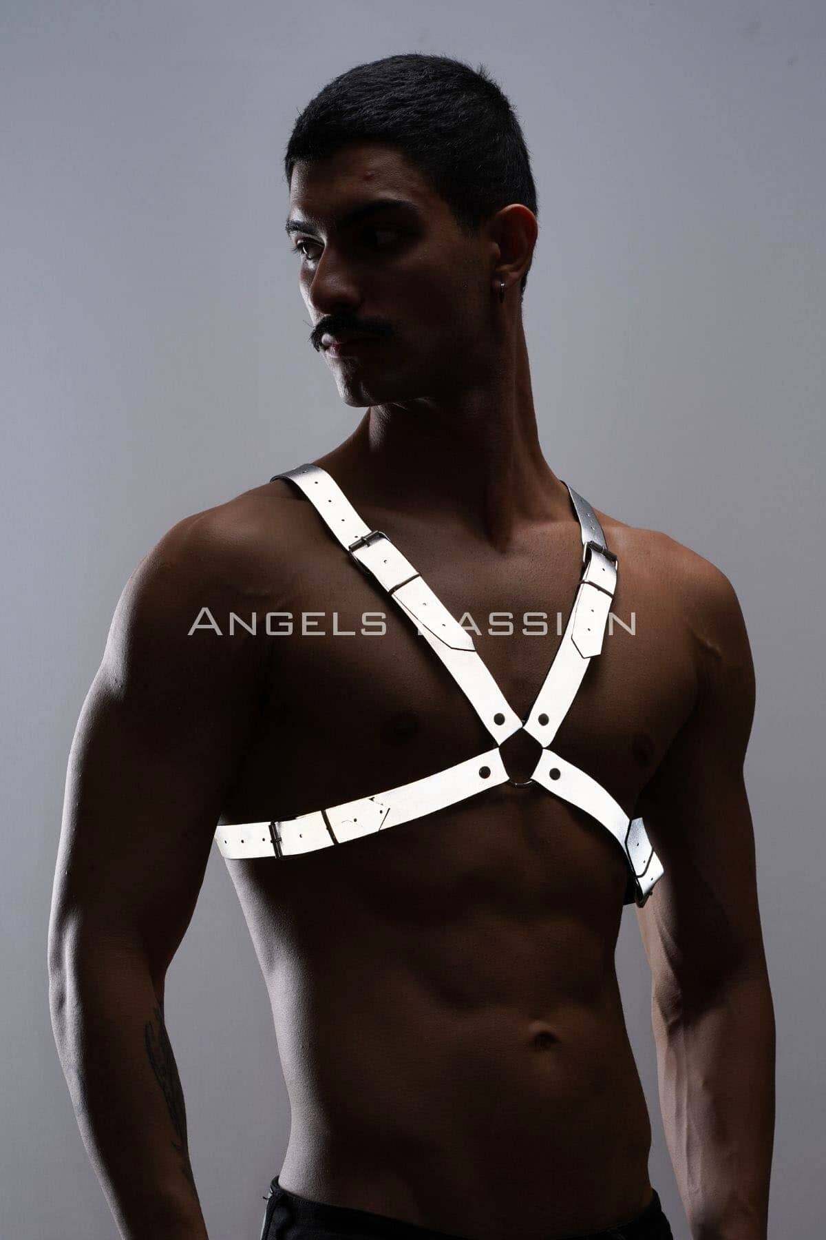 CLZ41 Reflektörlü (Karanlıkta Yansıyan) Erkek Göğüs Harness, Erkek Parti Giyim - Ürün Rengi:Beyaz Reflektör