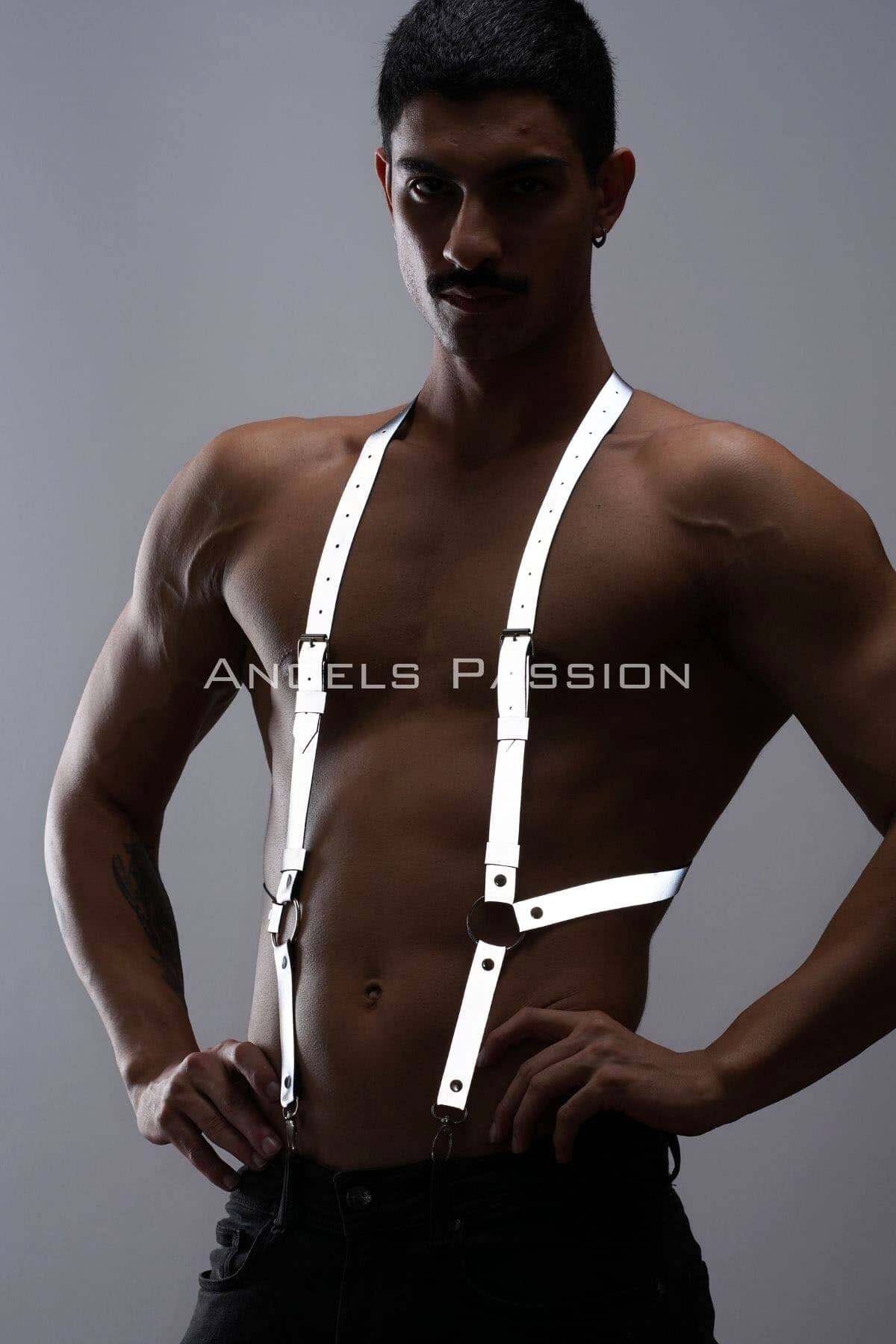 CLZ41 Reflektörlü (Karanlıkta Yansıyan) Erkek Pantolon Askısı, Parlayan Erkek Kemer  - Ürün Rengi:Beyaz Reflektör