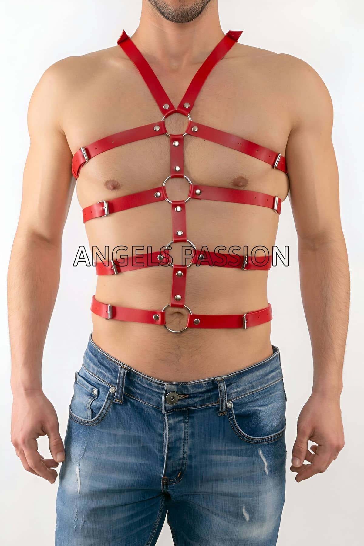 CLZ41 Seksi Erkek Body Harness, Deri Erkek Body Harness - Ürün Rengi:Kırmızı