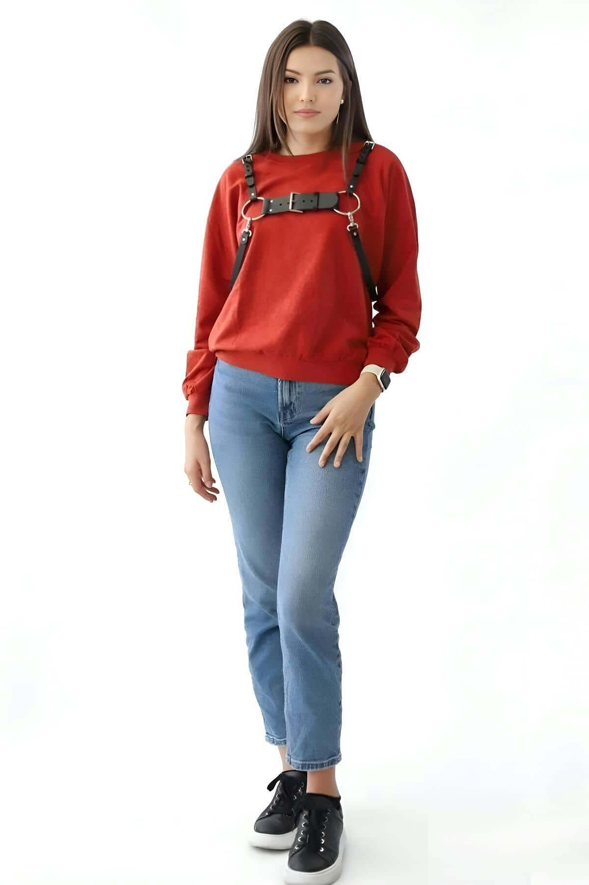 CLZ41 Şık Deri Kadın Kemer, Elbise Üzeri Deri Kemer - Ürün Rengi:Kırmızı