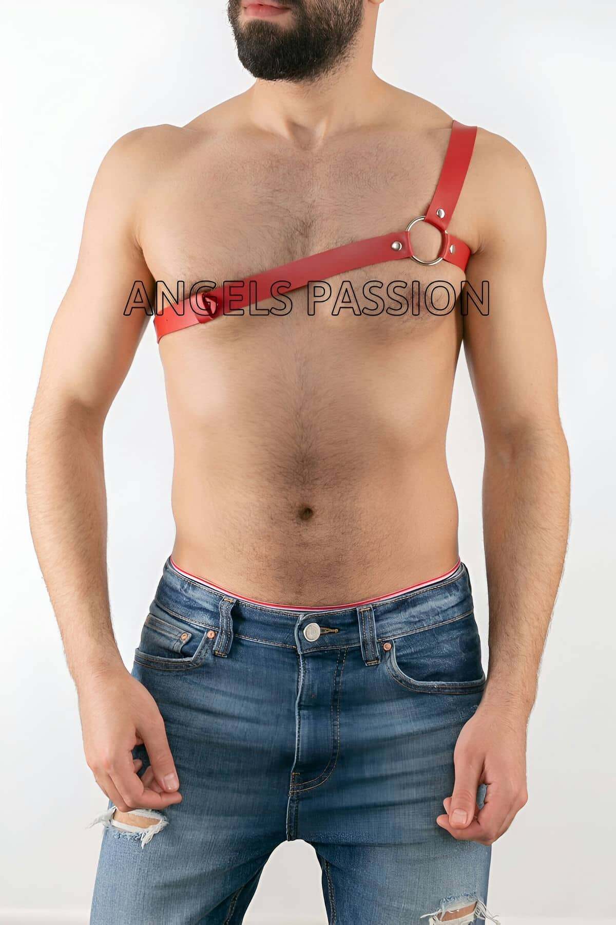 CLZ41 Tek Omuz Seksi Deri Erkek Harness - Ürün Rengi:Kırmızı