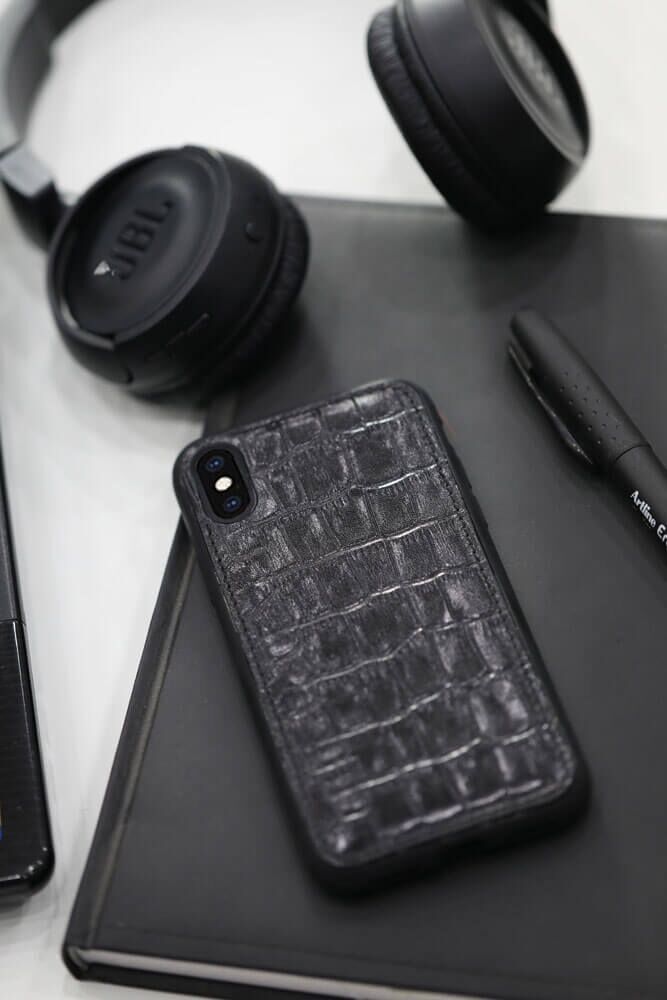 CLZ359  Timsah Baskılı Siyah Deri iPhone X / XS Kılıfı