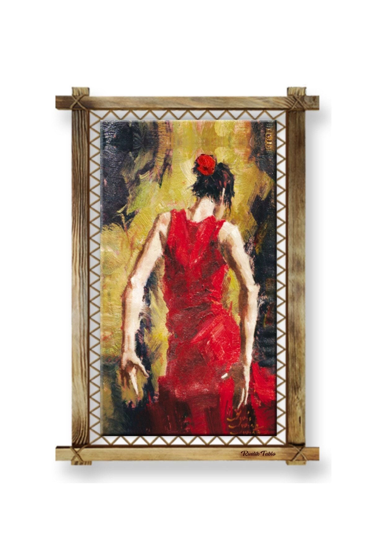CLZ104 Flamenko Yapan Kadın Tablosu Led Işıklı Rustik Kanvas Tablo K  (66 x 45) cm