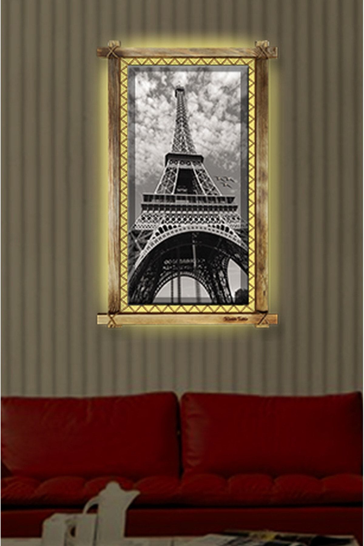 CLZ104 Eyfel Kulesi Led Işıklı Rustik Kanvas Tablo B  (66 x 45) cm