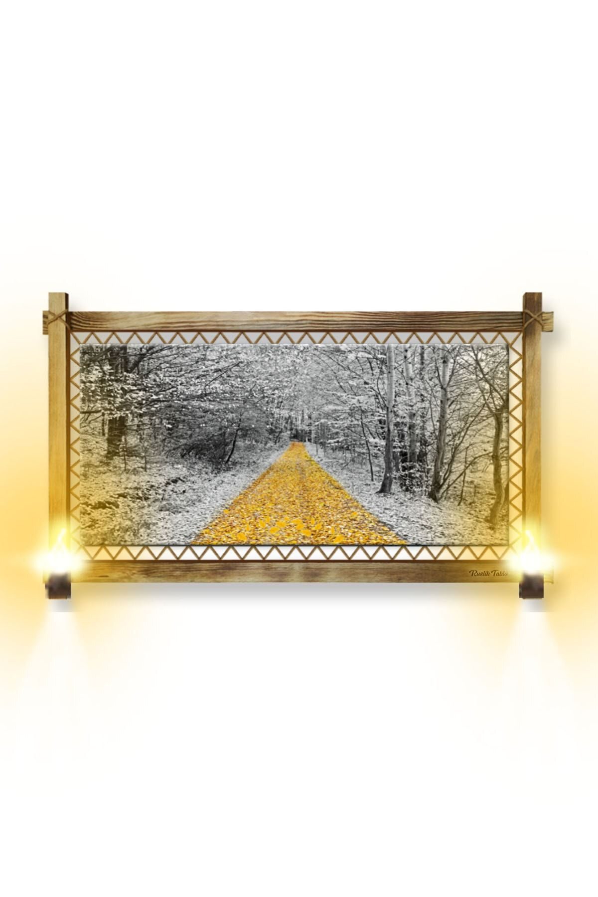 CLZ104 Rustik Işıklı Orman Sarı Yol Kanvas Rustik Tablo O  (66 x 45) cm