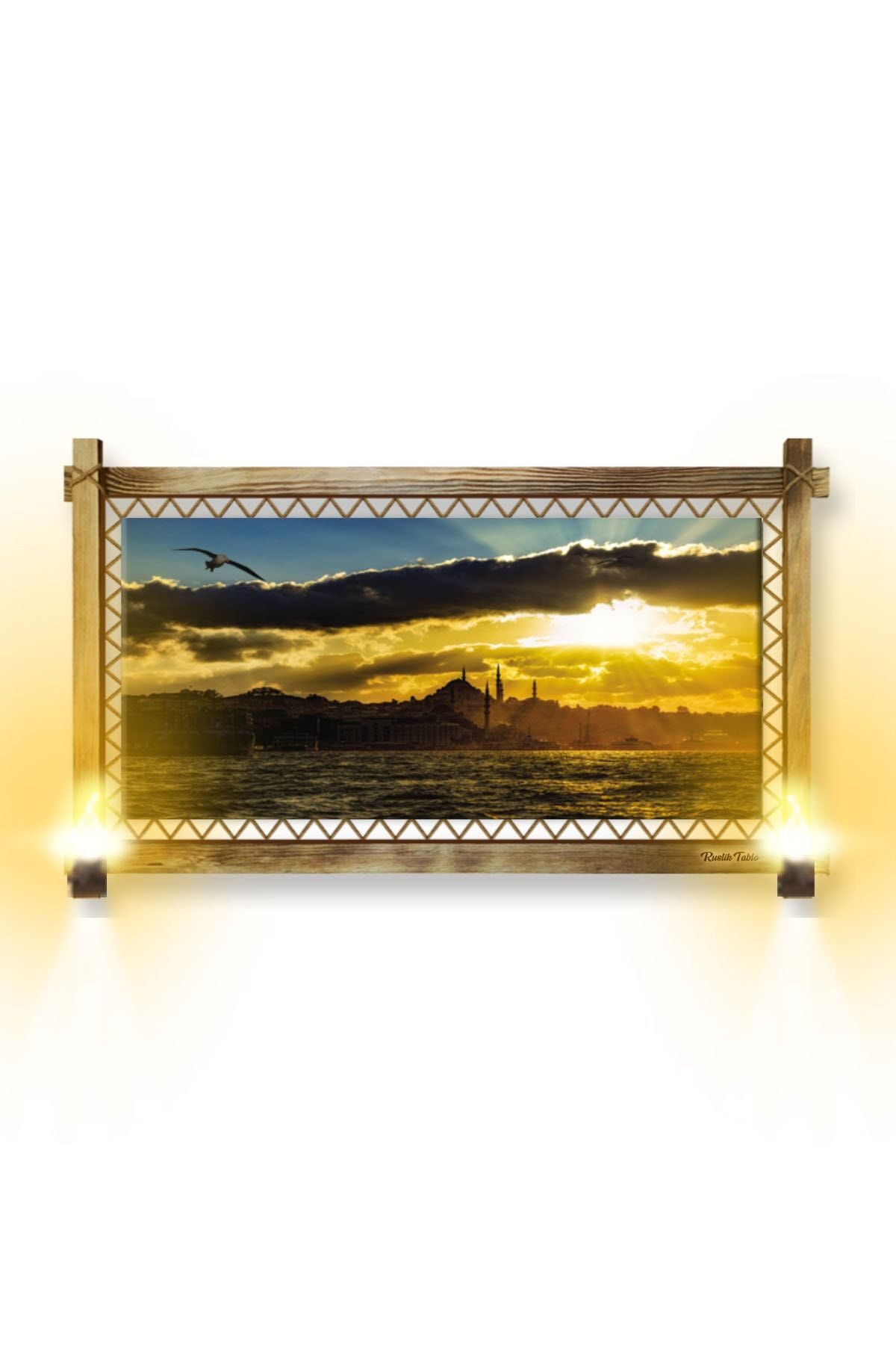 CLZ104 Rustik Işıklı Istanbul Gün Batımı Kanvas Rustik Tablo O  (66 x 45) cm