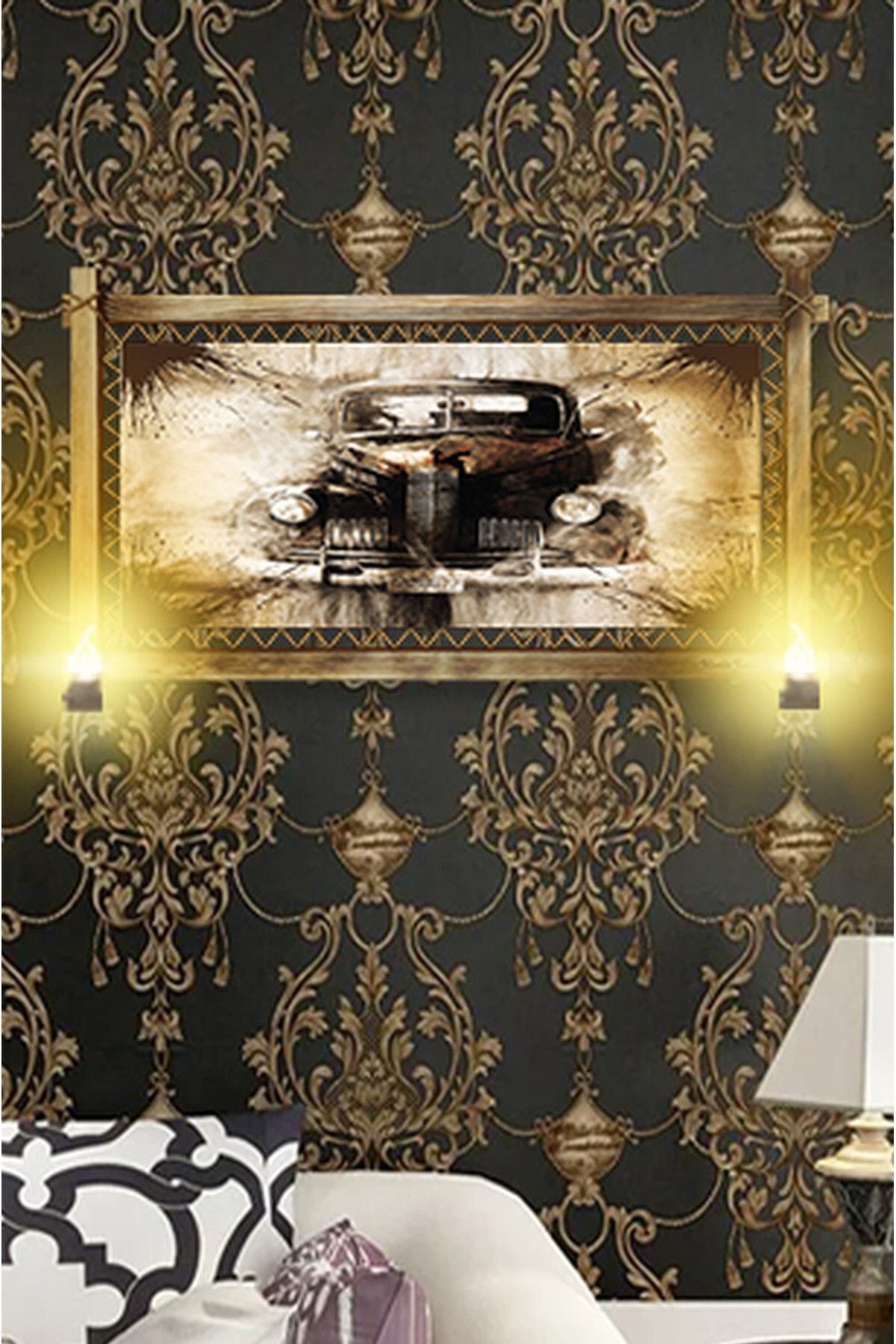 CLZ104 Rustik Işıklı Antika Araba Kanvas Rustik Tablo K  (66 x 45) cm