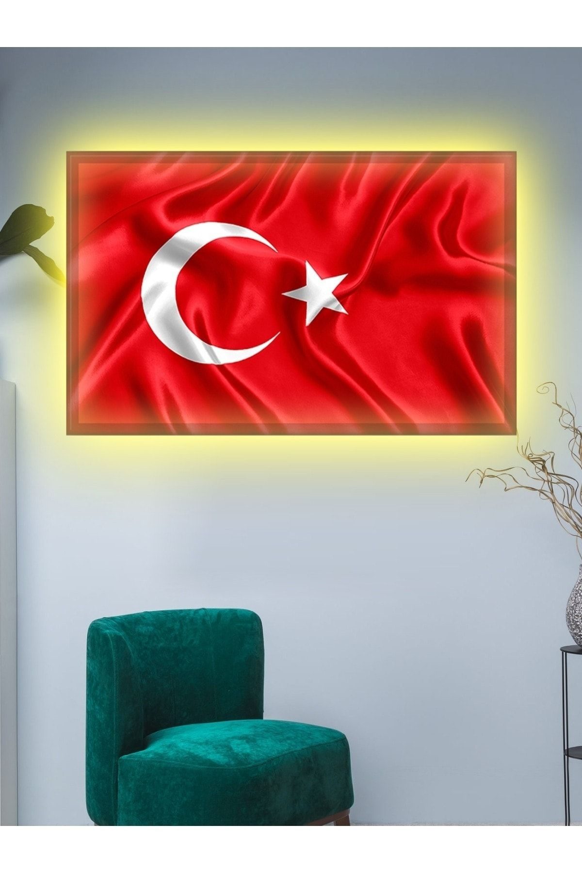 CLZ104 Kanvas Tablo Led Işıklı Türk Bayrağı (al Bayrak)   (50 x 35) cm