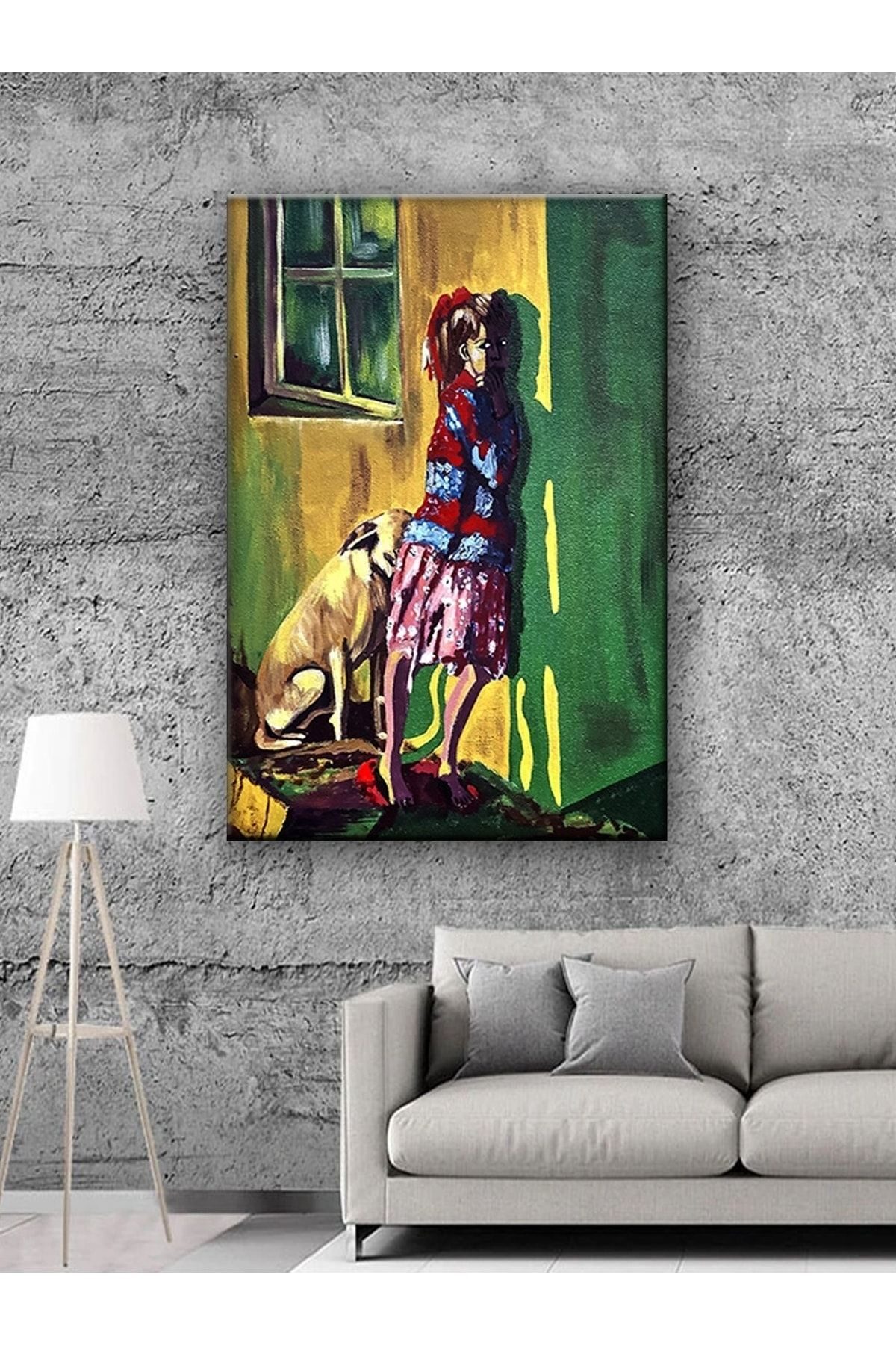 CLZ104 Led Işıklı Sanatsal Kız Ve Köpek Tablo  (50 x 35) cm