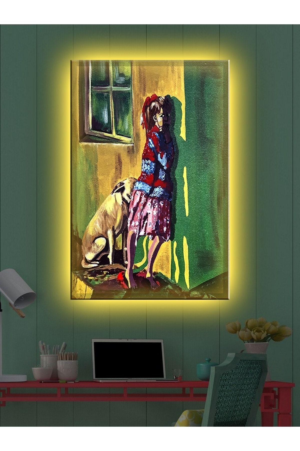 CLZ104 Led Işıklı Sanatsal Kız Ve Köpek Tablo  (50 x 35) cm