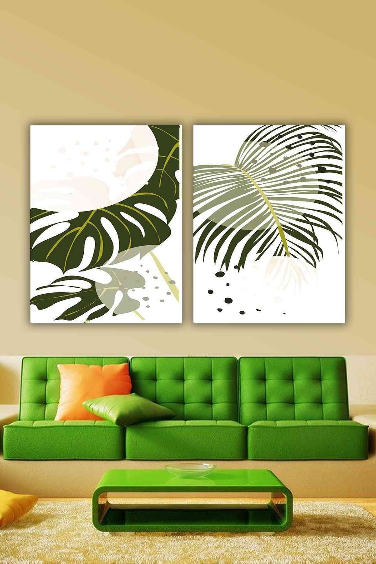 CLZ104 Parçalı Dekoratif Yeşil Yapraklı Soyut Tablo ( Salon)   (140 x 100) cm