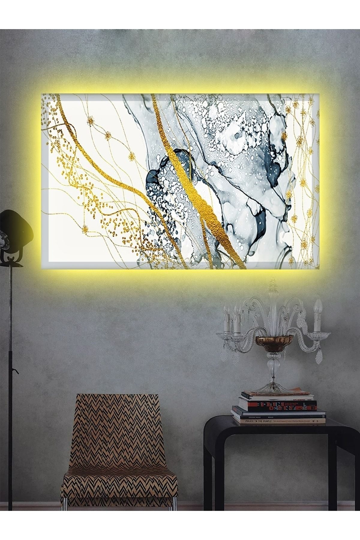 CLZ104 Led Işıklı Dekoratif Gold Kare Tablo   (50 x 35) cm