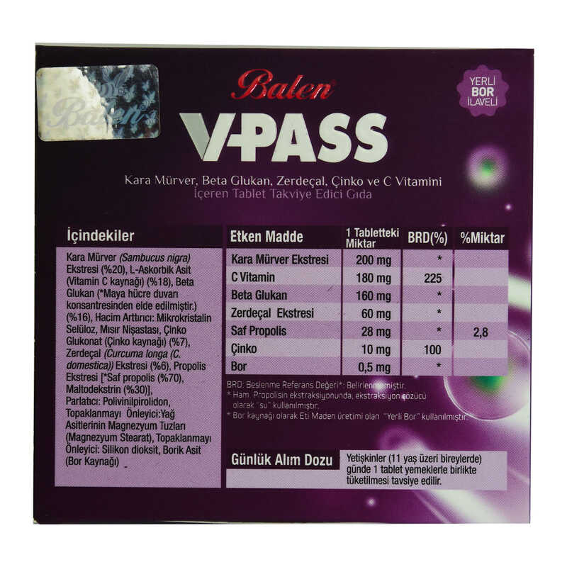 CLZ214 V-Pass Kara Mürverli Zerdeçallı Çinko ve C Vitaminli 1000 Mg X 30 Tablet