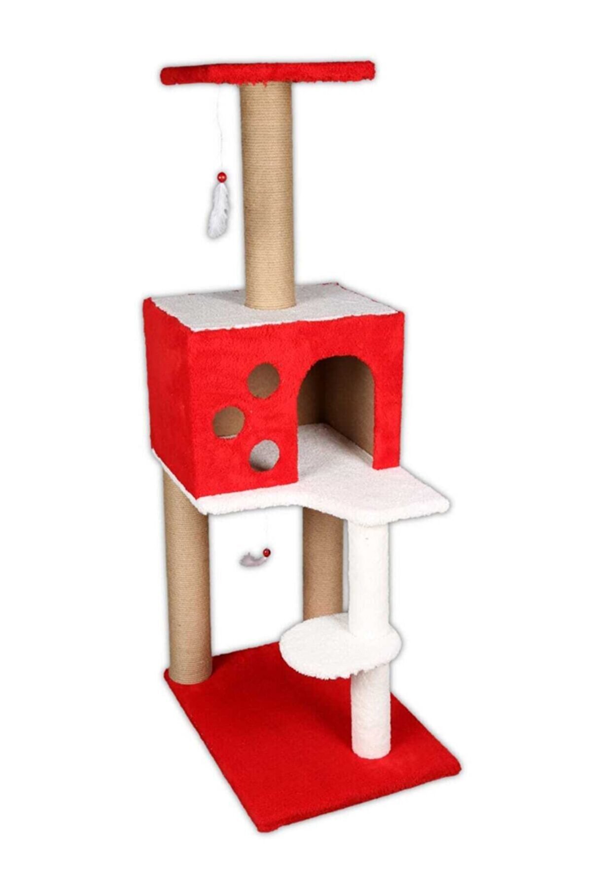 3 Katlı Kedi Tırmalama Tahtası + Kedi Evi 40 x 55 x 127 cm Kırmızı