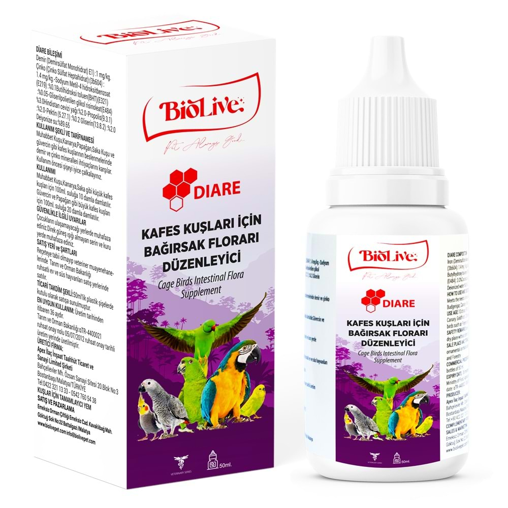 Biolive Diare Kuşlar İçin Bağırsak Düzenleyici Vitamin 50ml