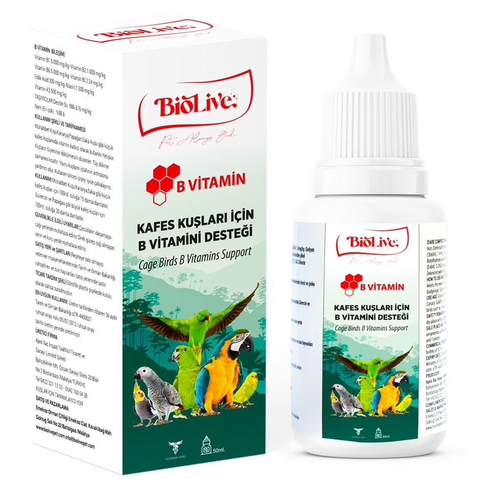 Biolive B-Vitamin Kuşlar İçin Tüy Döküm Desteği 50ml