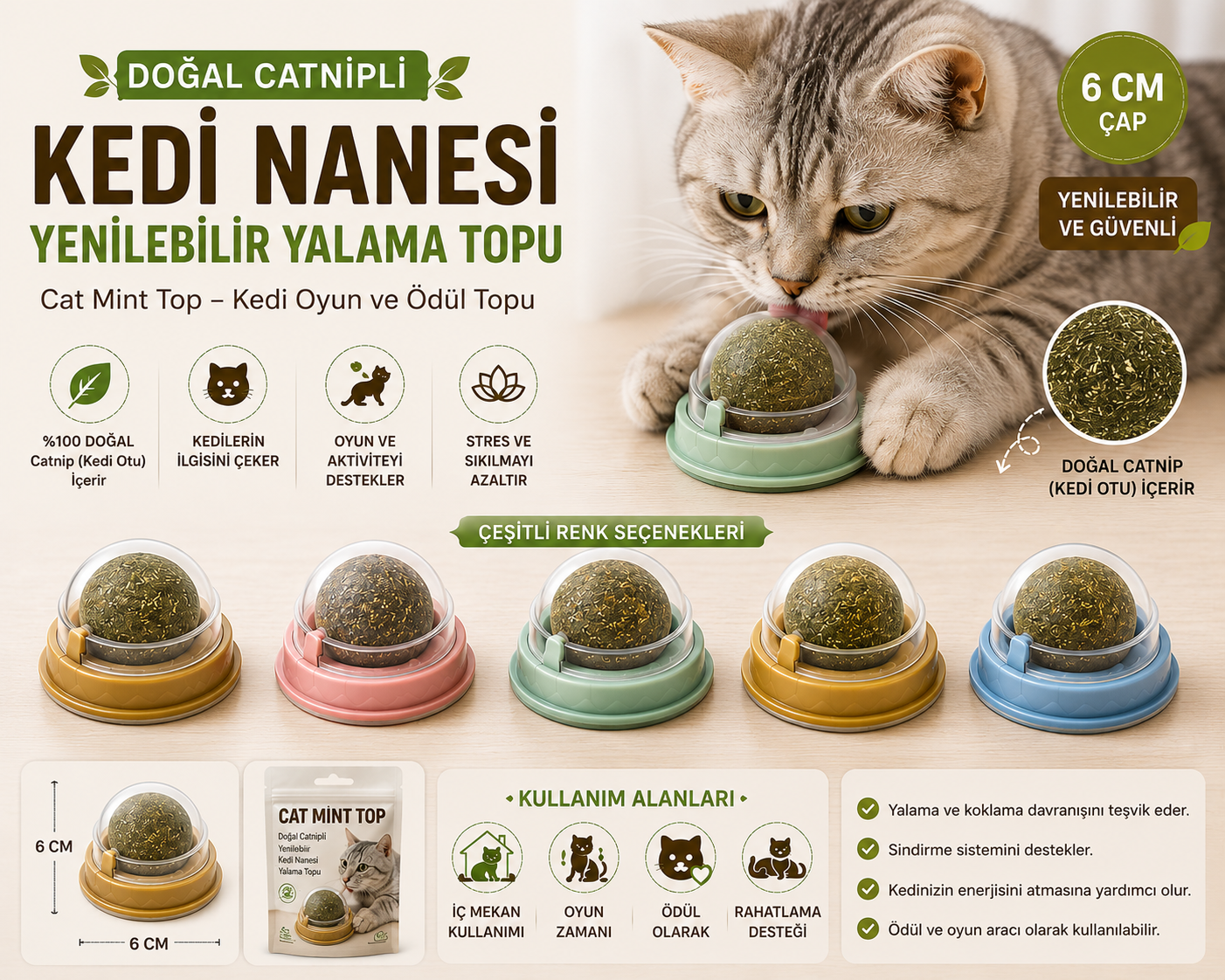Doğal Catnipli Yenilebilir Kedi Nanesi Yalama Topu – 6 CM