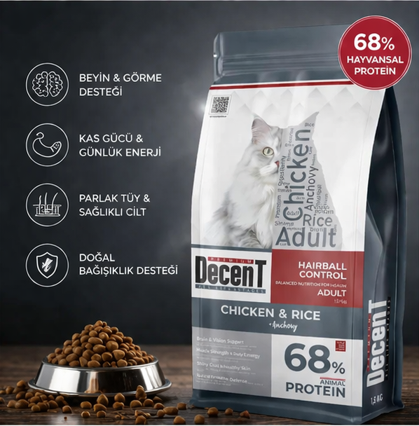Decent Tavuklu Yetişkin Kedi Maması 1,5 Kg Control Tavuk & Pirinç Yetişkin Kedi Maması