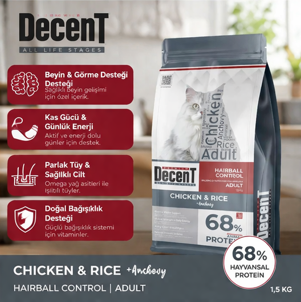 Decent Tavuklu Yetişkin Kedi Maması 1,5 Kg Control Tavuk & Pirinç Yetişkin Kedi Maması