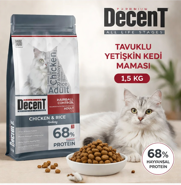 Decent Tavuklu Yetişkin Kedi Maması 1,5 Kg Control Tavuk & Pirinç Yetişkin Kedi Maması