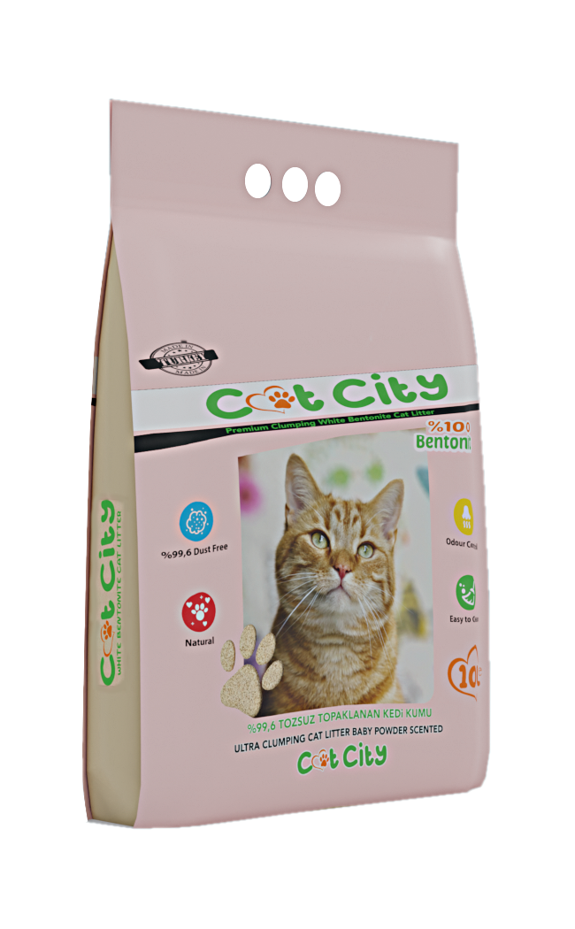 Cat City Ekstra Parfümlü Bentonit Topaklanan Kedi Kumu 10 Lt Bebek Pudralı ( 4 Adet )