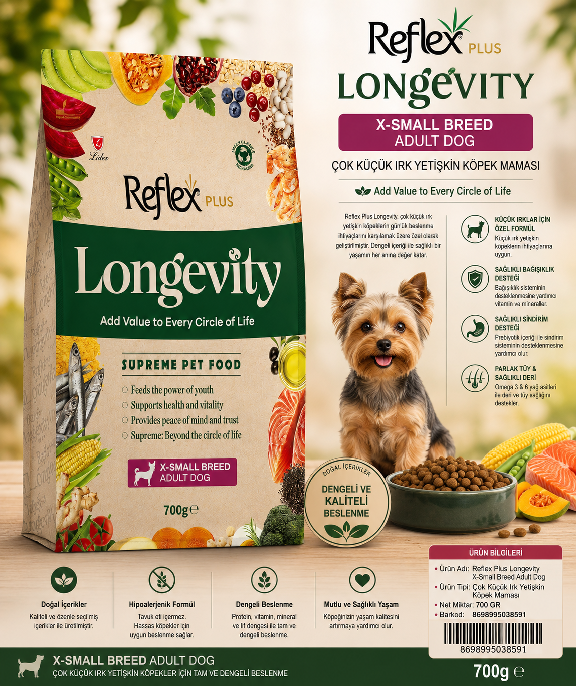 Reflex Plus Longevity Hipoalerjenik Çok Küçük Irk Yetişkin Köpek Maması 700gr