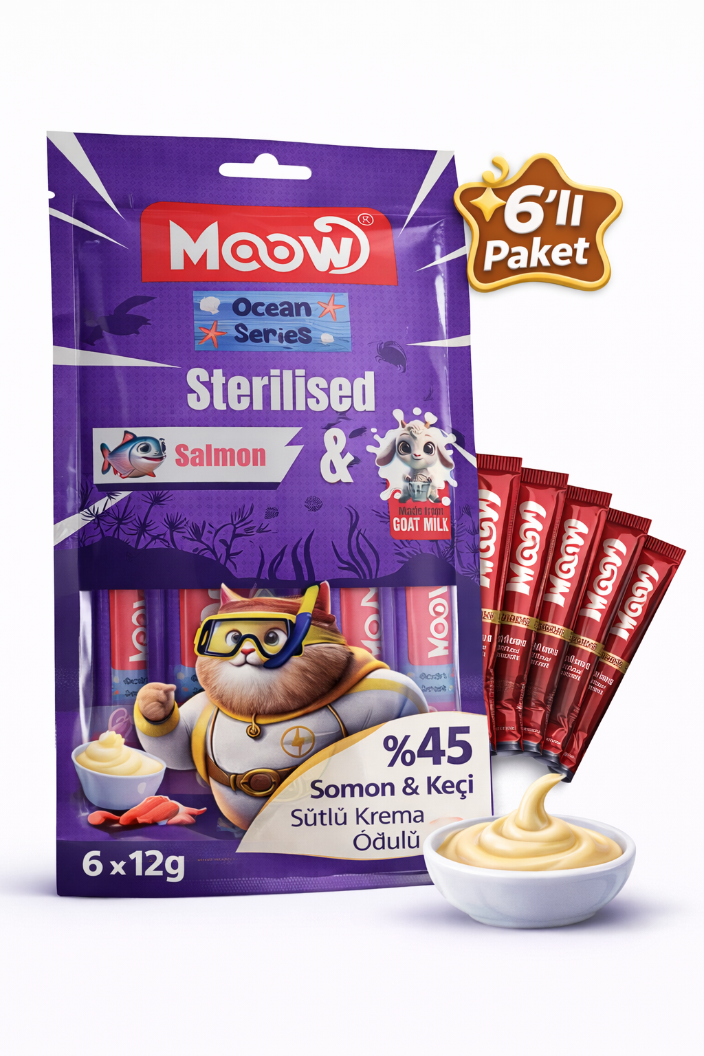 Creamy Somonlu ve Keçi Sütlü Kısırlaştırılmış Sıvı Krema Kedi Ödülü 6x12 gr