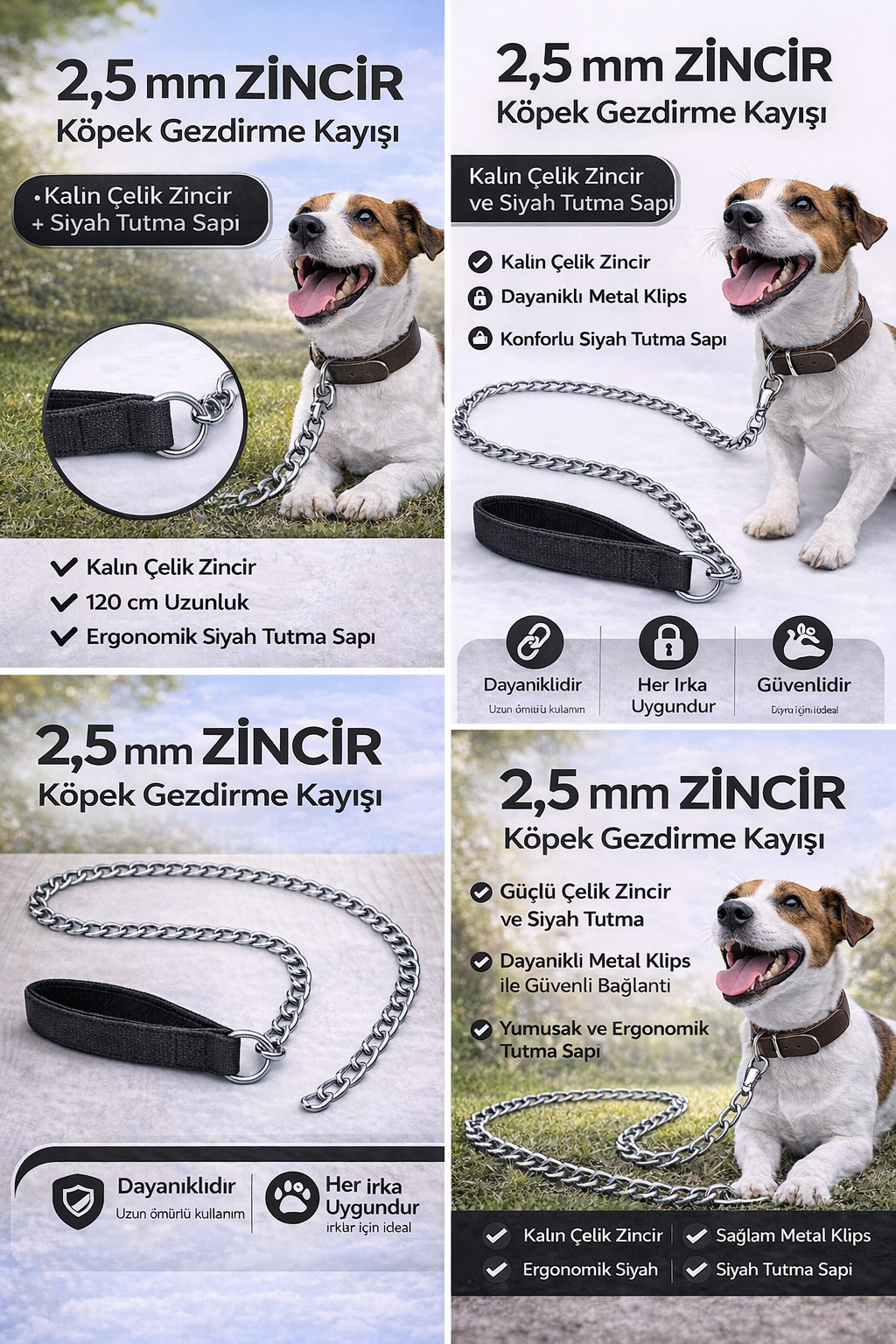 Zincir Köpek Gezdirme Kayışı Dayanıklı Çelik & Ergonomik Tutma Saplı 2,5 mm-120 cm Siyah