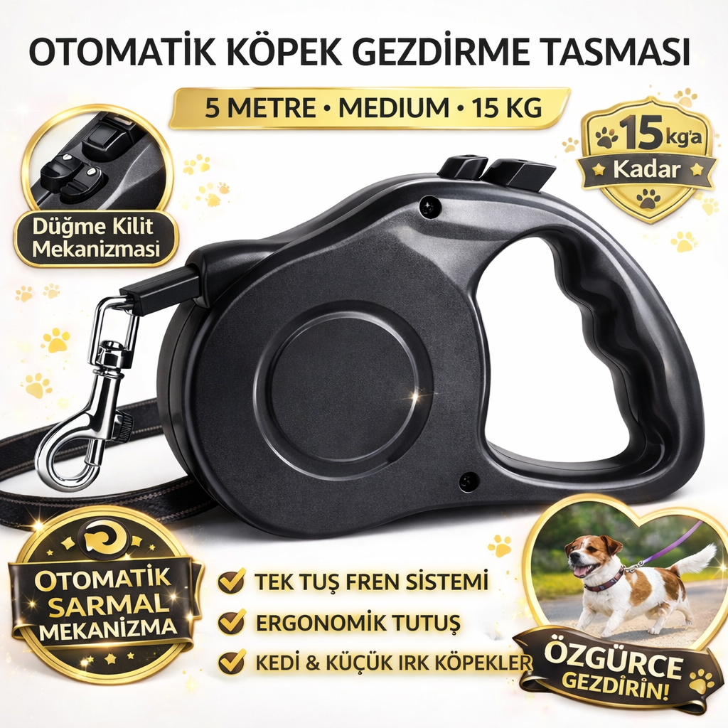 Karamel Otomatik  Köpek Gezdirme Tasması Medium 5 Metre 15 kg Siyah