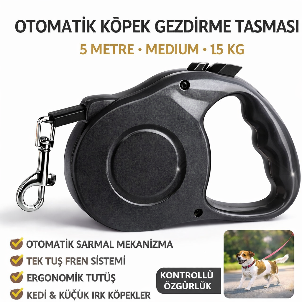 Karamel Otomatik  Köpek Gezdirme Tasması Medium 5 Metre 15 kg Siyah