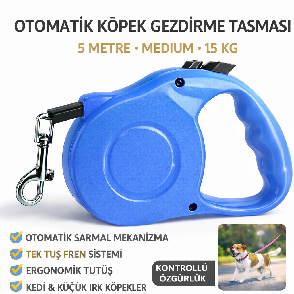 Karamel Otomatik Köpek Gezdirme Tasması Medium 5 Metre 15 kg Mavi Karamel Otomatik Köpek Gezdirme Tasması Medium 5 Metre 15 kg Mavi