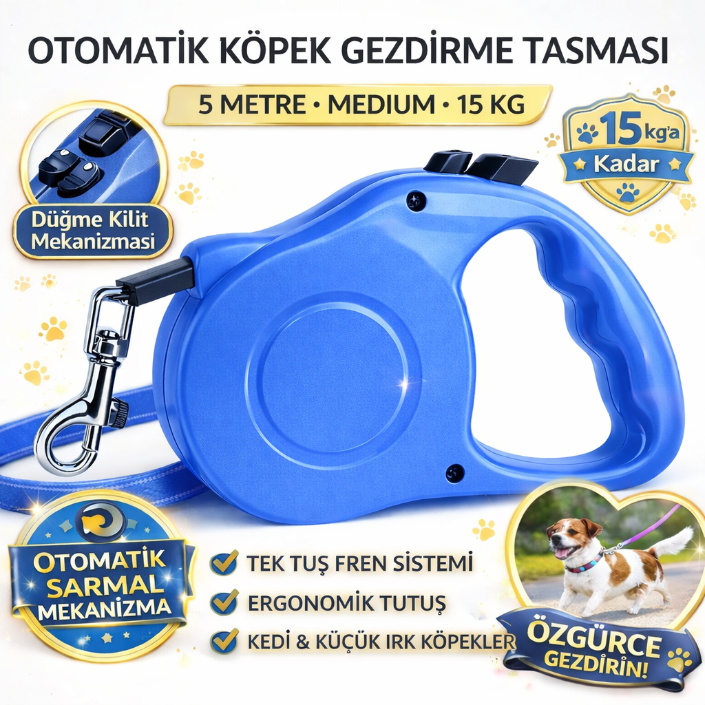 Karamel Otomatik Köpek Gezdirme Tasması Medium 5 Metre 15 kg Mavi Karamel Otomatik Köpek Gezdirme Tasması Medium 5 Metre 15 kg Mavi