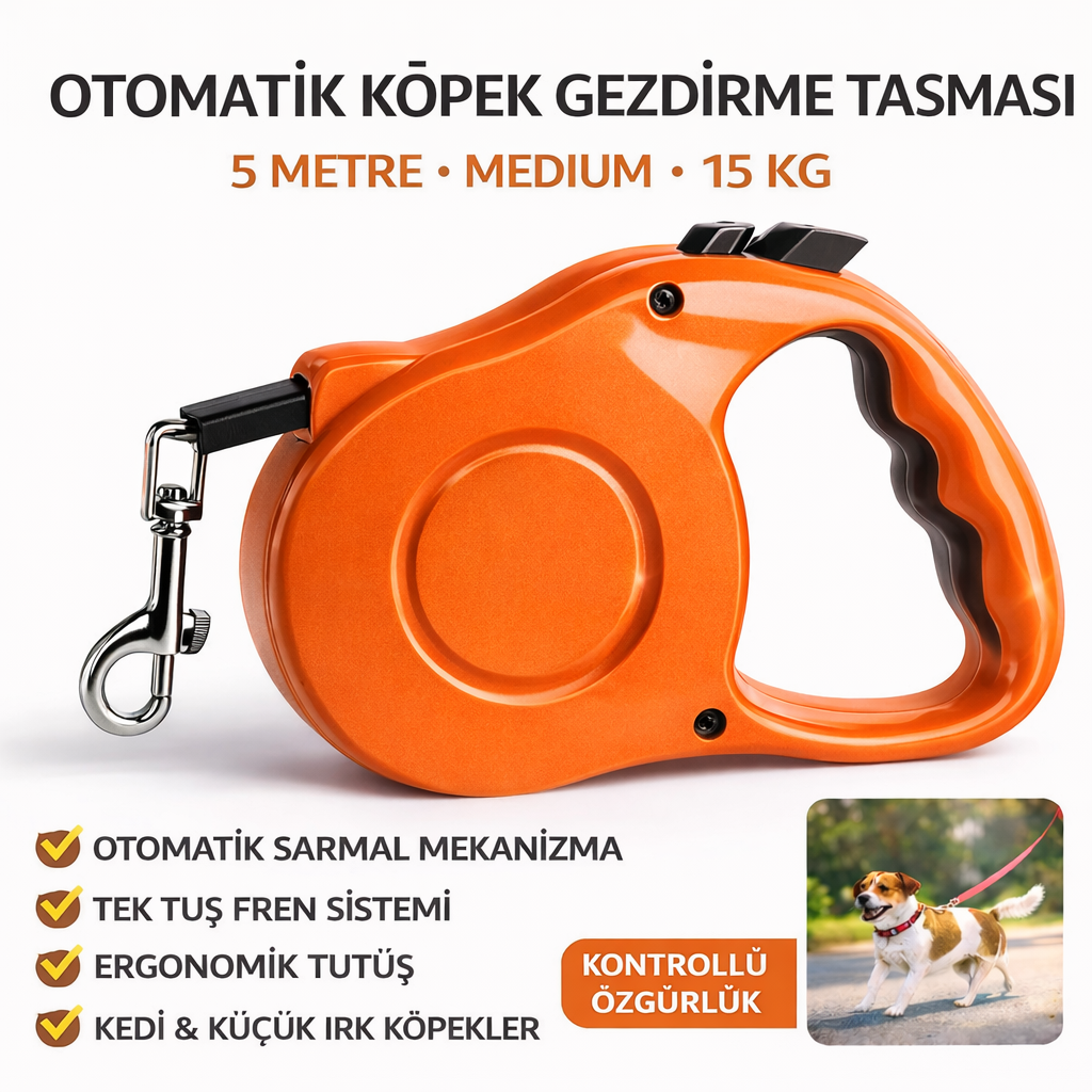 Karamel Otomatik Köpek Gezdirme Tasması Medium 5 Metre 15 kg Turuncu Karamel Otomatik Köpek Gezdirme Tasması Medium 5 Metre 15 kg Turuncu