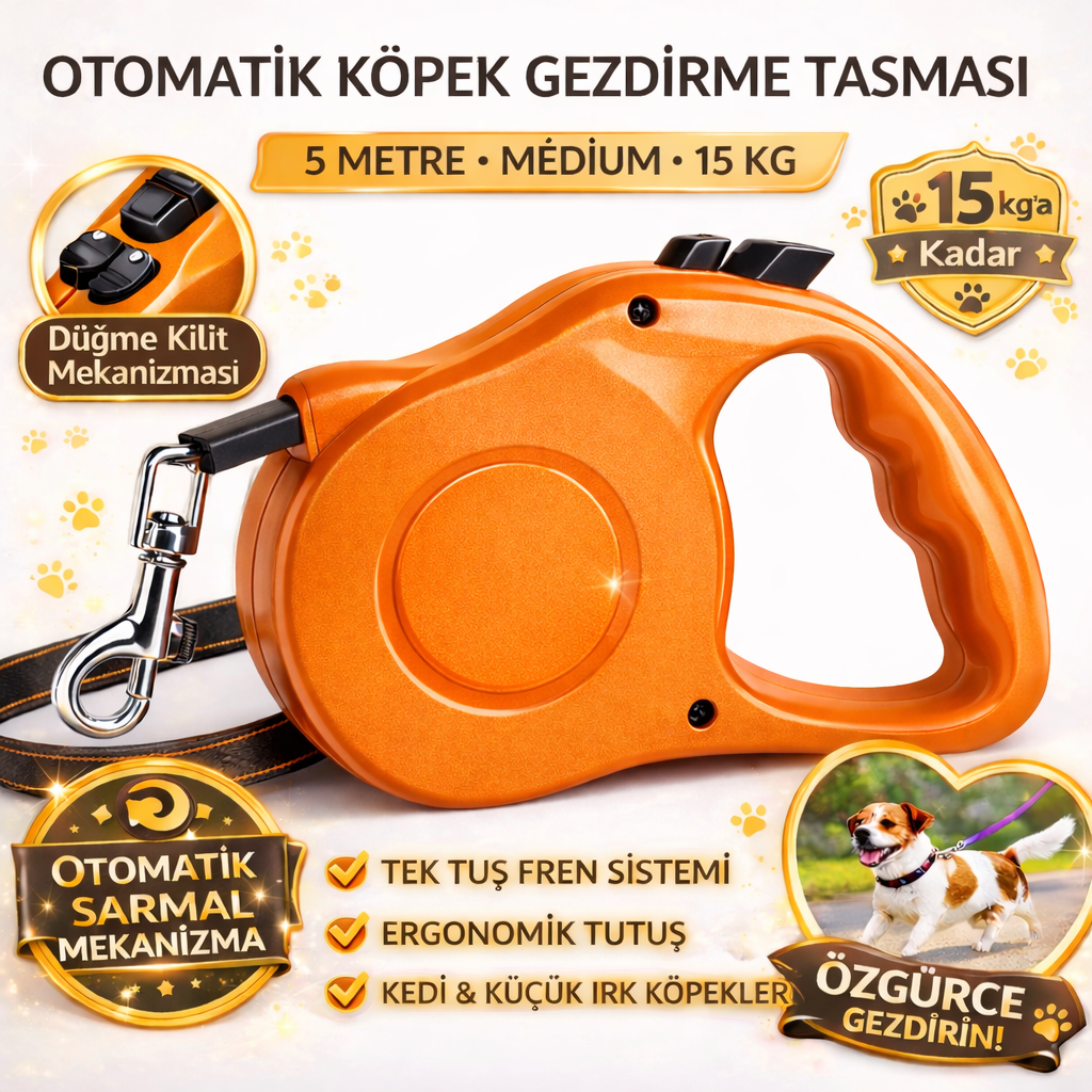 Karamel Otomatik Köpek Gezdirme Tasması Medium 5 Metre 15 kg Turuncu Karamel Otomatik Köpek Gezdirme Tasması Medium 5 Metre 15 kg Turuncu