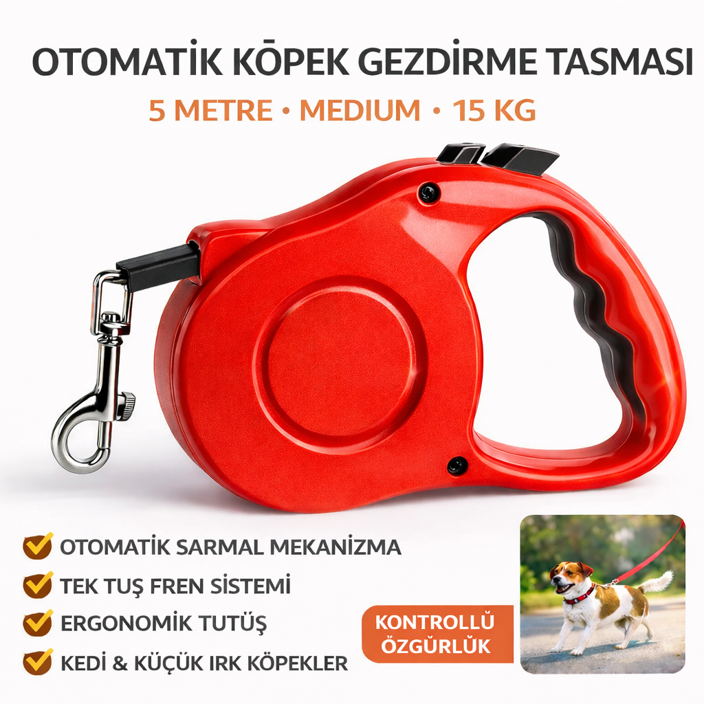 Karamel Otomatik  Köpek Gezdirme Tasması Medium 5 Metre 15 kg Kırmızı