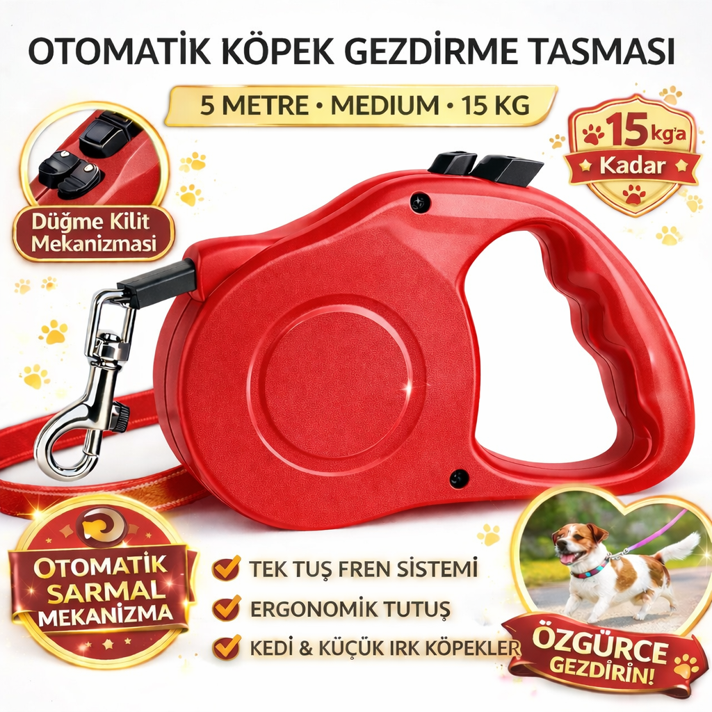 Karamel Otomatik  Köpek Gezdirme Tasması Medium 5 Metre 15 kg Kırmızı