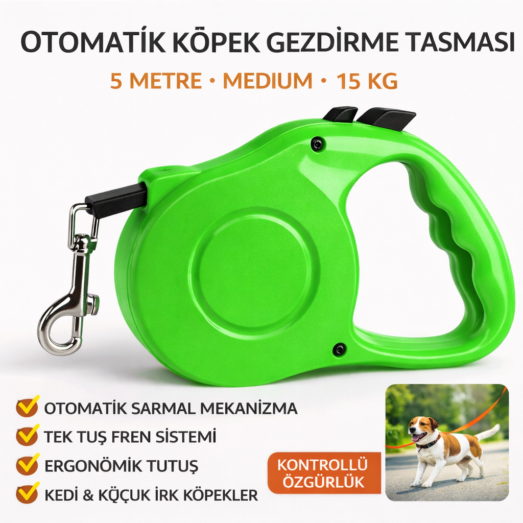 Karamel Otomatik Köpek Gezdirme Tasması Medium 5 Metre 15 kg Yeşil Karamel Otomatik Köpek Gezdirme Tasması Medium 5 Metre 15 kg Yeşil