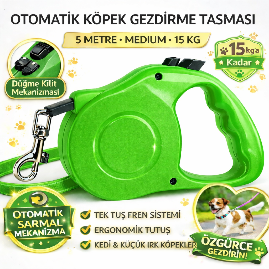 Karamel Otomatik Köpek Gezdirme Tasması Medium 5 Metre 15 kg Yeşil Karamel Otomatik Köpek Gezdirme Tasması Medium 5 Metre 15 kg Yeşil