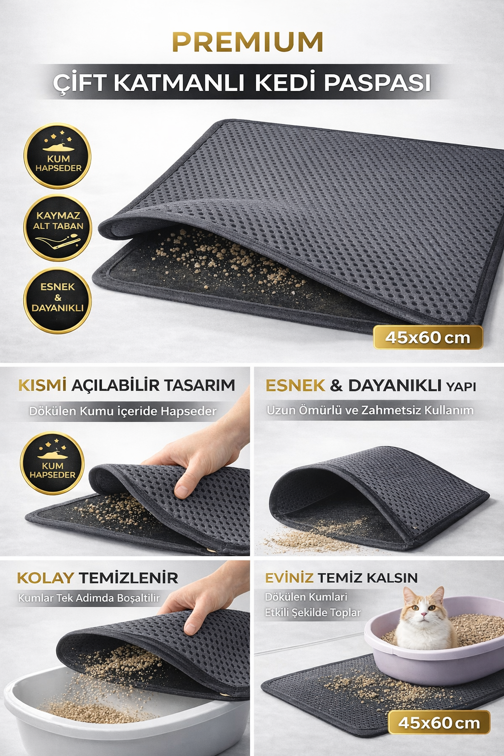 Kedi Elekli Tuvalet Önü Kum Tutucu Paspas 45 cm - 60 cm Gri Kedi Elekli Tuvalet Önü Kum Tutucu Paspas 45 cm - 60 cm Gri