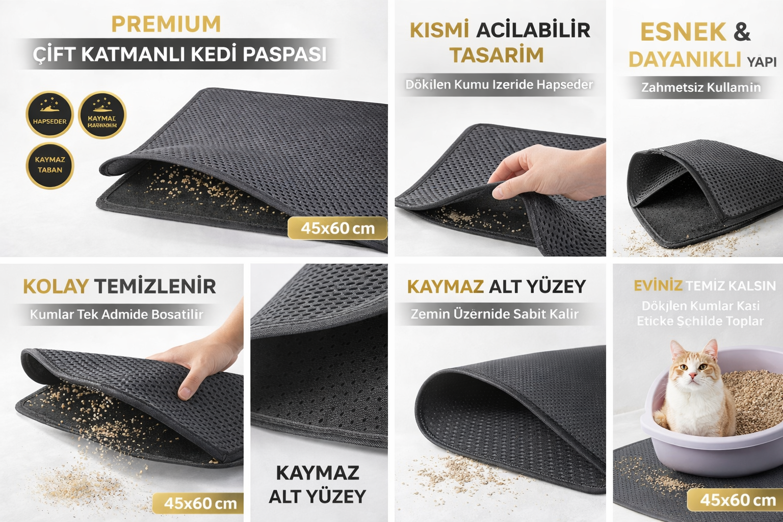 Kedi Elekli Tuvalet Önü Kum Tutucu Paspas 45 cm - 60 cm Gri Kedi Elekli Tuvalet Önü Kum Tutucu Paspas 45 cm - 60 cm Gri