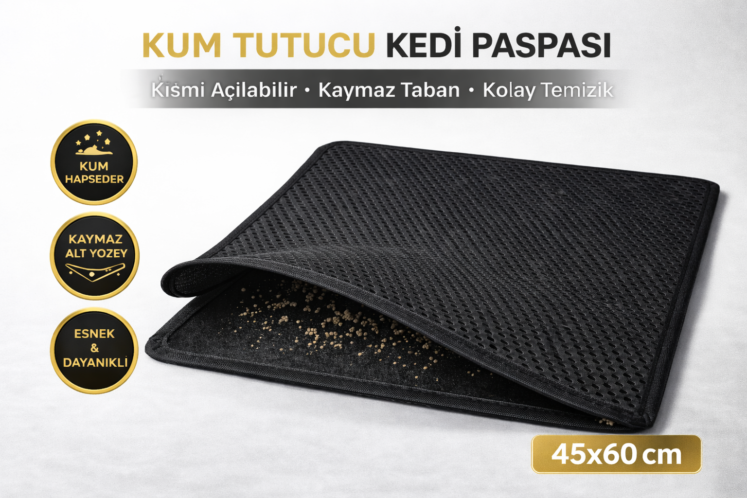 Kedi Elekli Tuvalet Önü Kum Tutucu Paspas  45 cm - 60 cm Siyah
