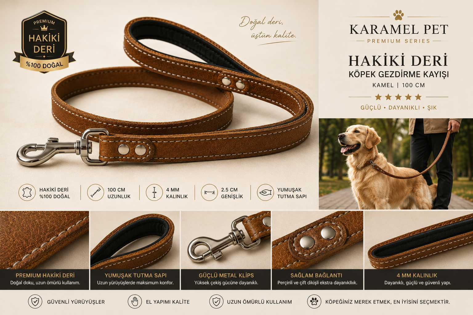 Hakiki Deri Köpek Gezdirme Kayışı Kamel 100 cm Yumuşak Dolgulu Tutma Saplı