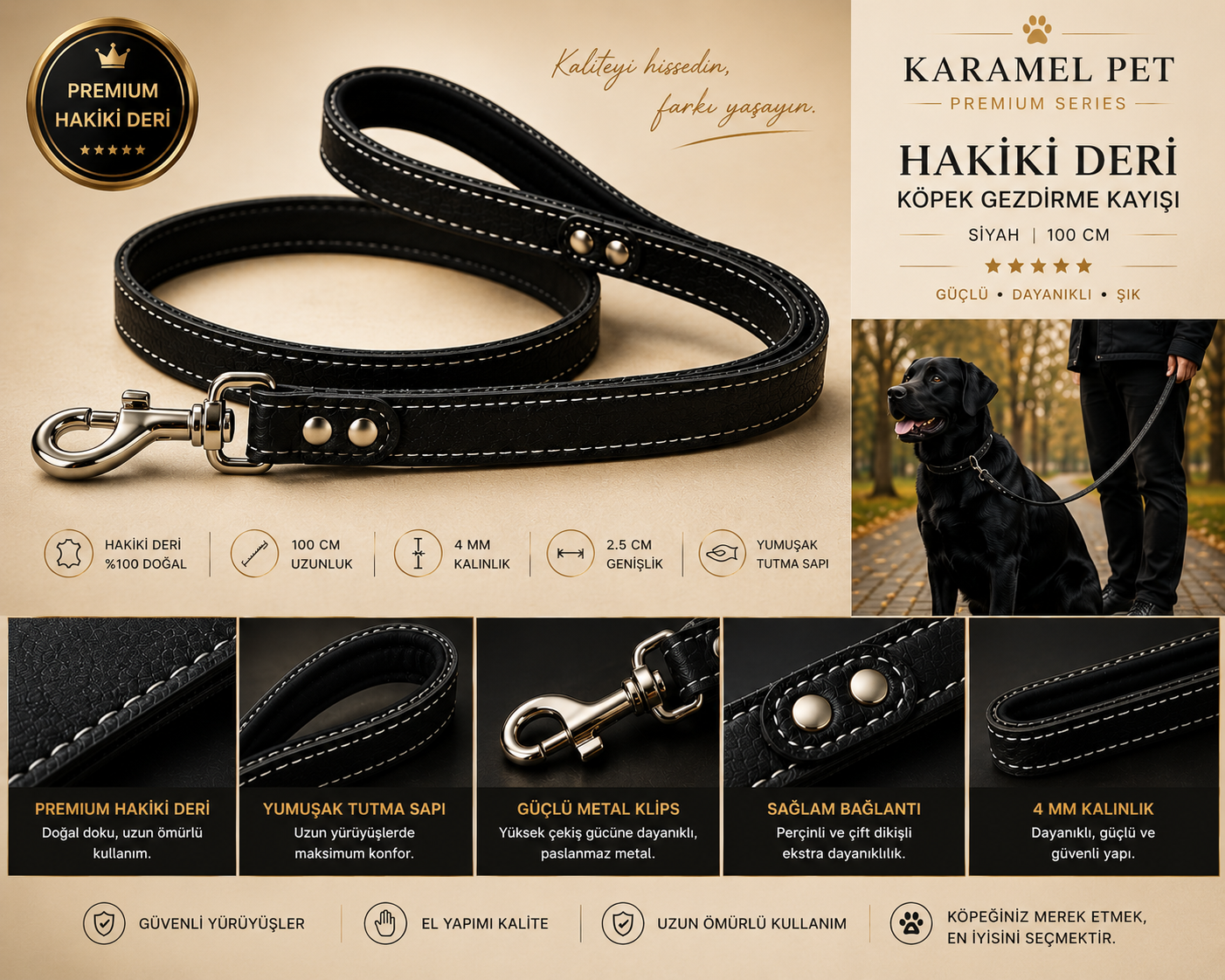 Hakiki Deri Köpek Gezdirme Kayışı Siyah 100 cm Yumuşak Dolgulu Tutma Saplı