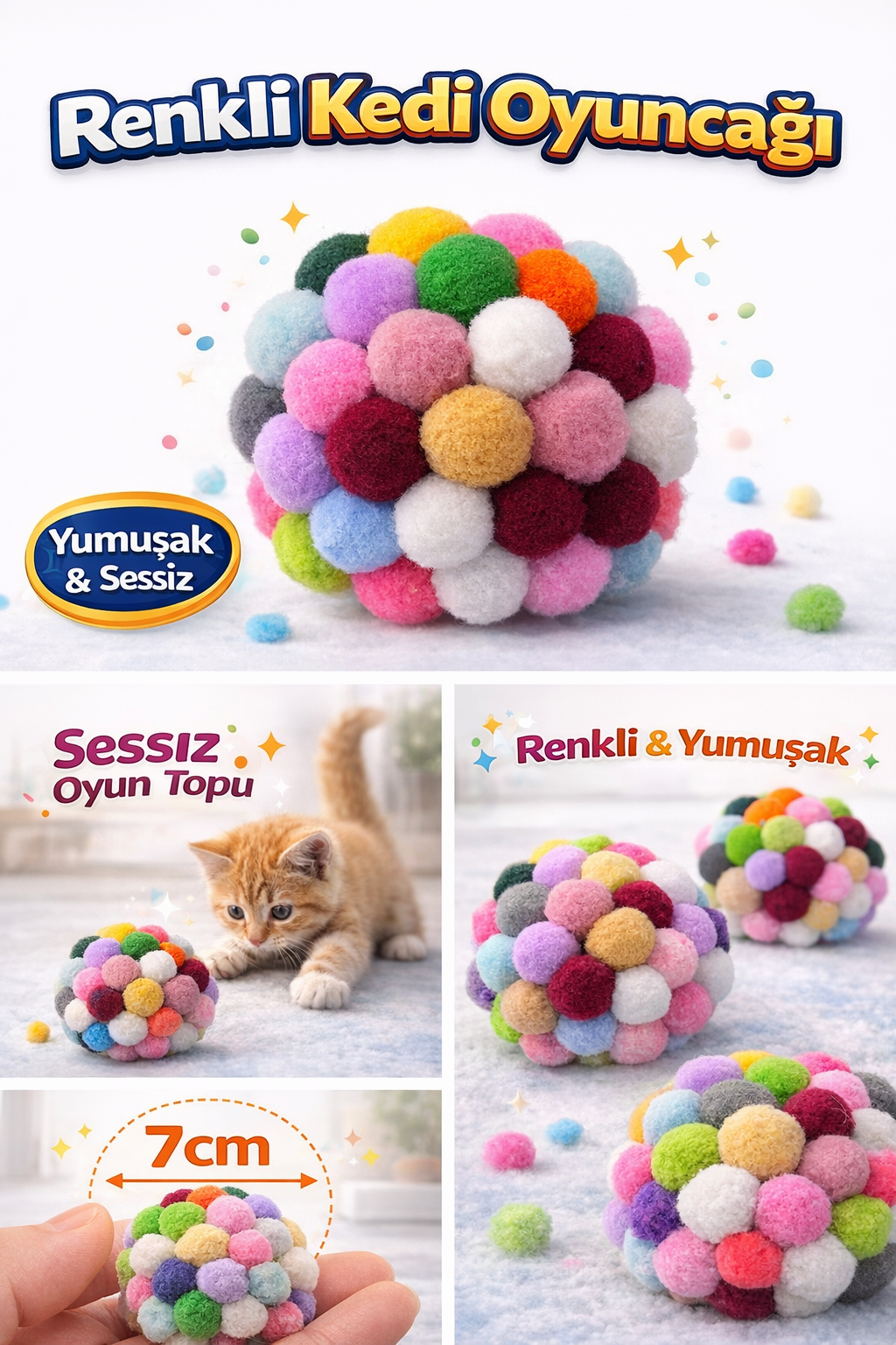 Renkli Ponpon Kedi Oyuncak Topu 7 cm  ( 2 Adet ) – Yumuşak Sessiz Kedi Oyun Topu