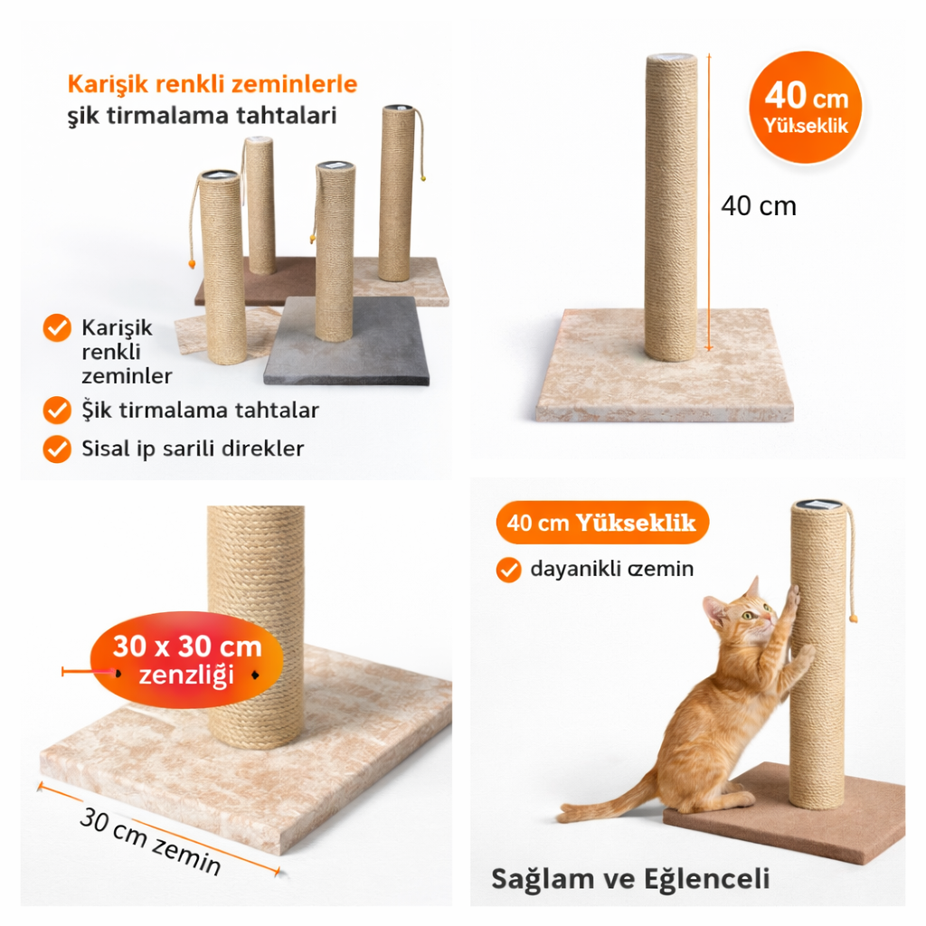 Kare Tabanlı Doğal Jut Kedi Tırmalama Tahtası 40 cm Karışık Kare Tabanlı Doğal Jut Kedi Tırmalama Tahtası 40 cm Karışık