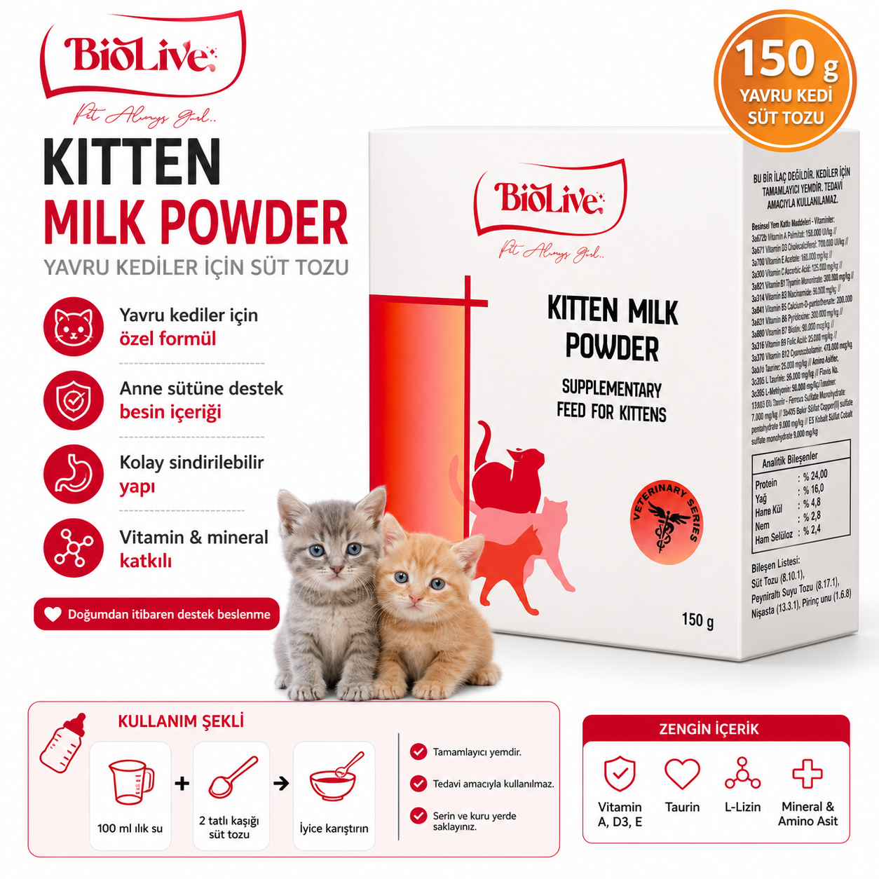 Biolive Yavru Kedileri İçin Süt Tozu 150 gr