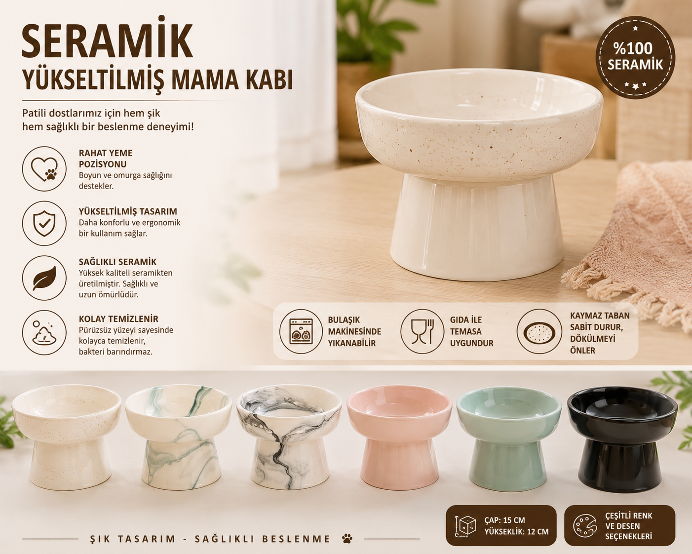 Yüksek Altlıklı Oval Seramik Mama Su Kabı 250 ml Çeşitli Renklerde