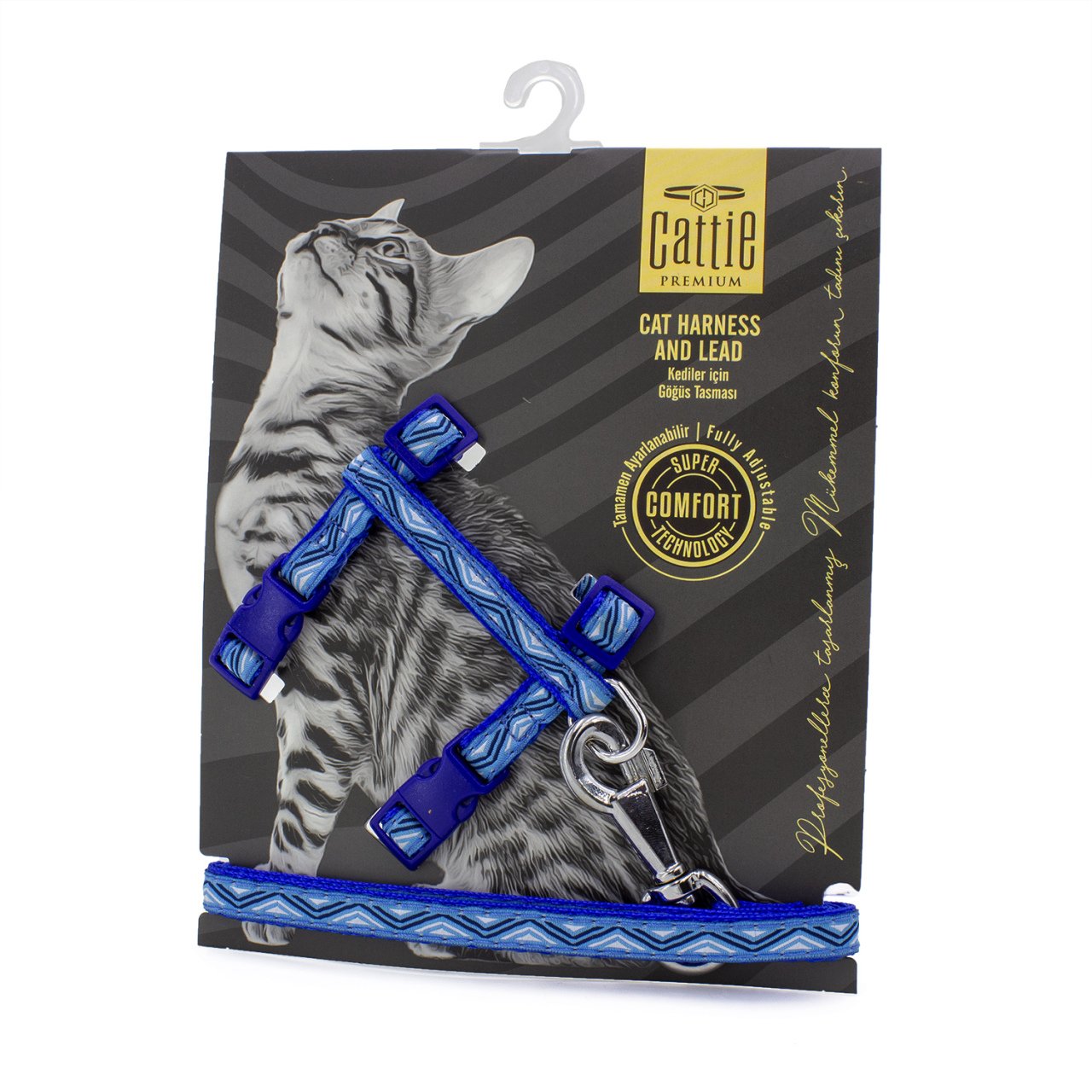 Cattie Premium Desenli Dokumadan El Yapımı Kedi Göğüs Takımı 40 cm Mavi