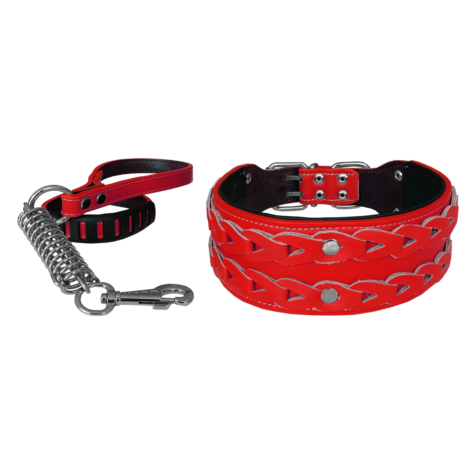 Elegance Deri İşlemeli Lüks Köpek Tasma Seti XL 7 cm*60-68 cm Kırmızı